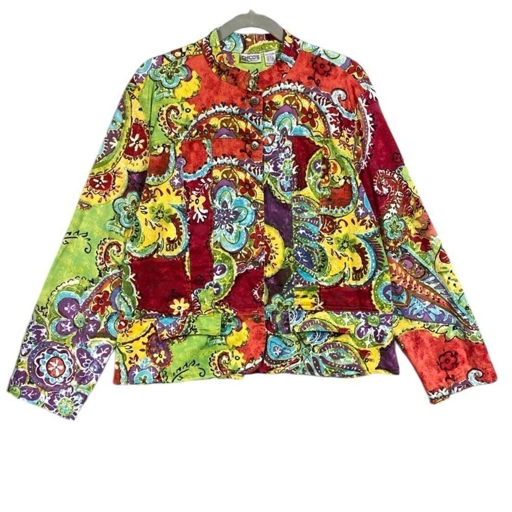 Chicos Artsy Jacket Womens Size 2 / L Mandarin Collar Paisley Colorful